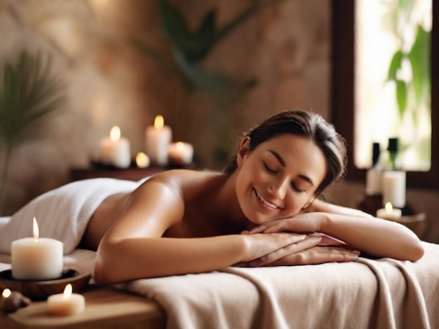 Uma mulher sorridente desfrutando de massagem com os olhos fechados em um spa