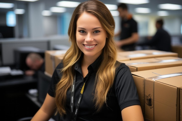 Uma mulher sorridente em um escritório com pilhas de caixas