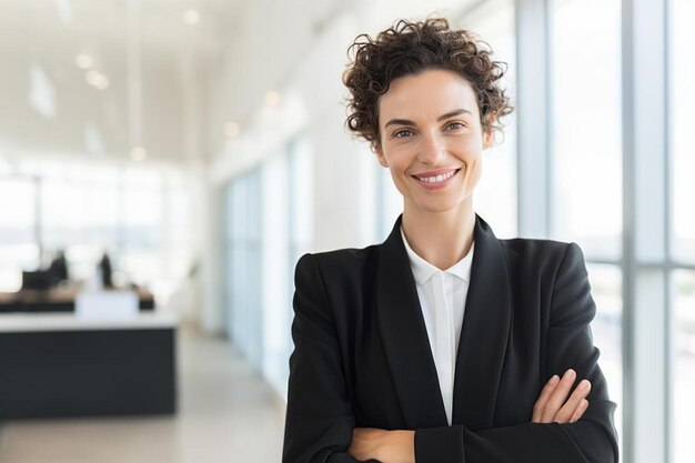 uma mulher sorridente em um terno de negócios está em frente a um grande edifício de escritório