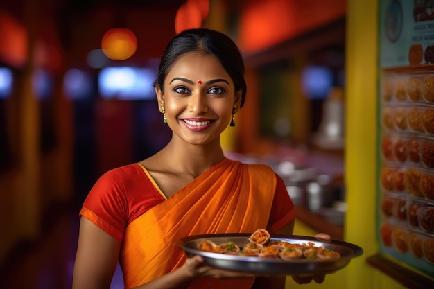 Uma mulher sorridente em um vestido laranja segurando uma bandeja de metal com comida