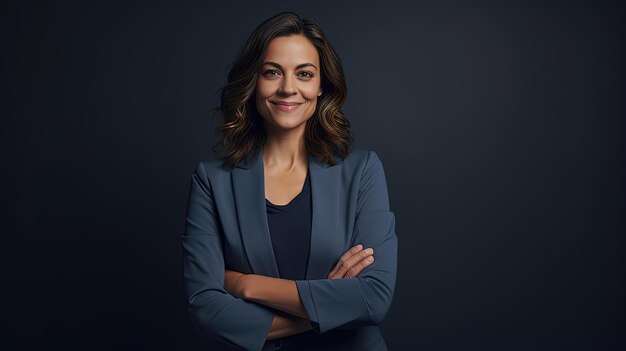 Foto uma mulher sorridente está de pé com os braços cruzados no estilo cinza escuro e índigo