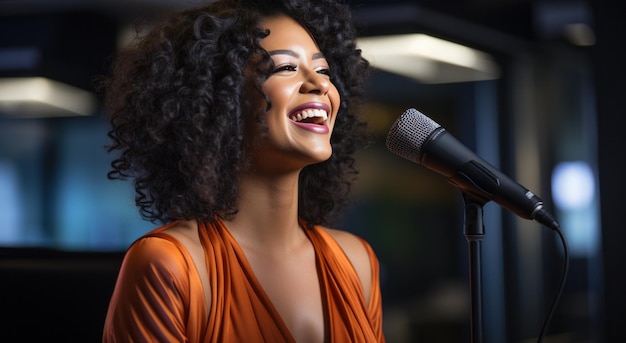 uma mulher sorridente está segurando um microfone