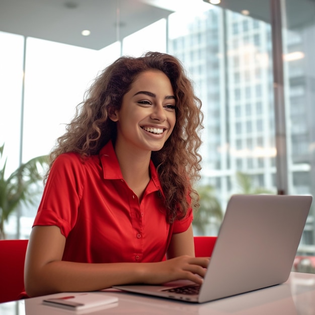 Uma mulher sorridente está sentada em uma mesa com um laptop e um telefone.