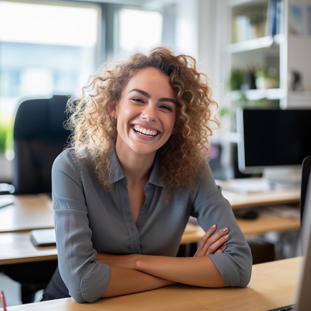 Uma mulher sorridente está sentada em uma mesa com um monitor de computador atrás dela.