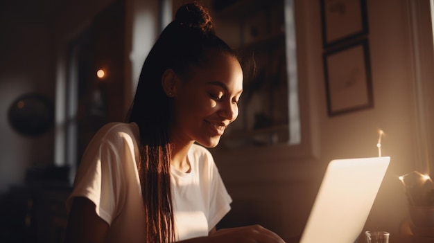 Uma mulher sorridente está trabalhando em um laptop no estilo de ouro claro e branco generativo AI AIG21