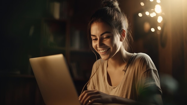 Uma mulher sorridente está trabalhando em um laptop no estilo de ouro claro e branco generativo AI AIG21