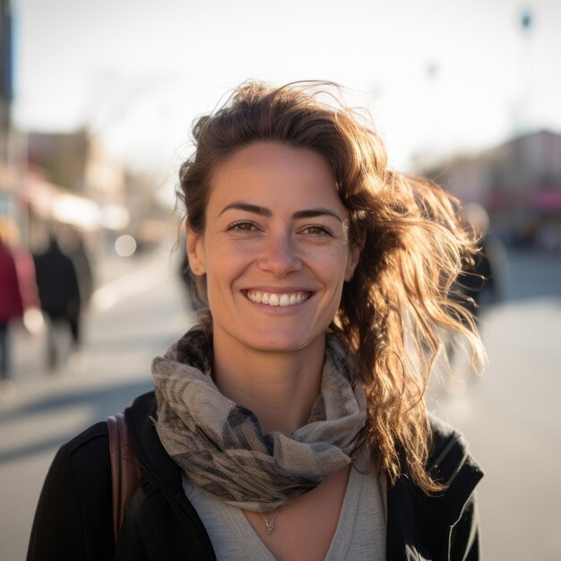 uma mulher sorridente parada no meio de uma rua da cidade