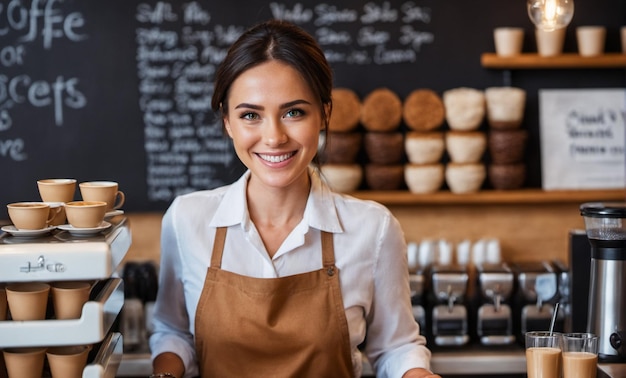 Uma mulher sorridente perto de sua mesa de café servindo clientes