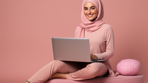 uma mulher sorridente usando um computador portátil isolado fundo rosa