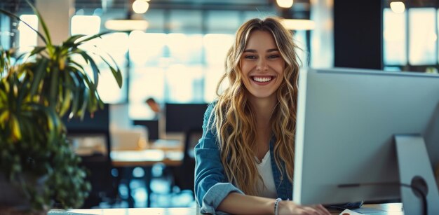 uma mulher sorridente vestida em um escritório está sentada em frente ao computador sentada em um escritório