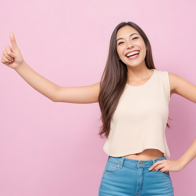 Uma mulher sorrindo alegremente e apontando para o lado mostrando um objeto ou anúncio