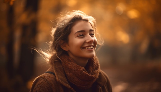 Uma mulher sorrindo ao ar livre na floresta de outono gerada por IA