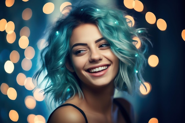 Foto uma mulher sorrindo com cabelo azul