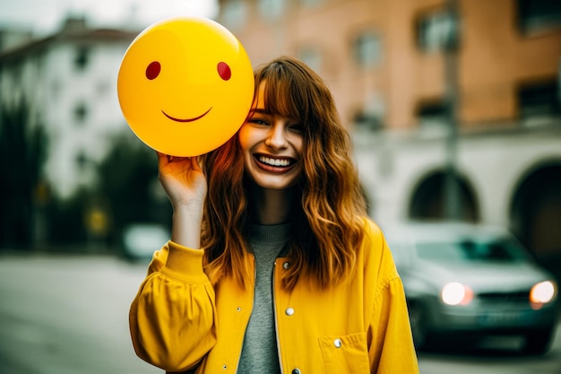 Foto uma mulher sorrindo com um balão de rosto sorridente amarelo brilhante