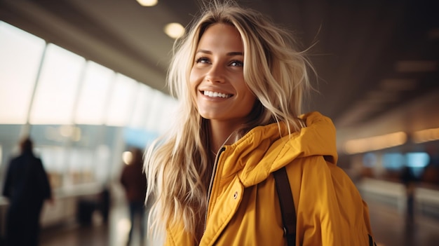 uma mulher sorrindo com uma jaqueta amarela