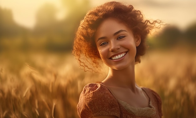 Uma mulher sorrindo em um campo de trigo