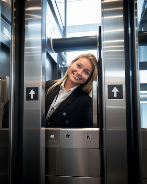 Foto uma mulher sorrindo em um elevador