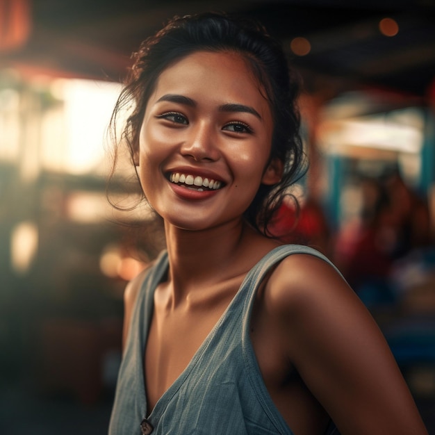 uma mulher sorrindo em um vestido azul com um sorriso no rosto.