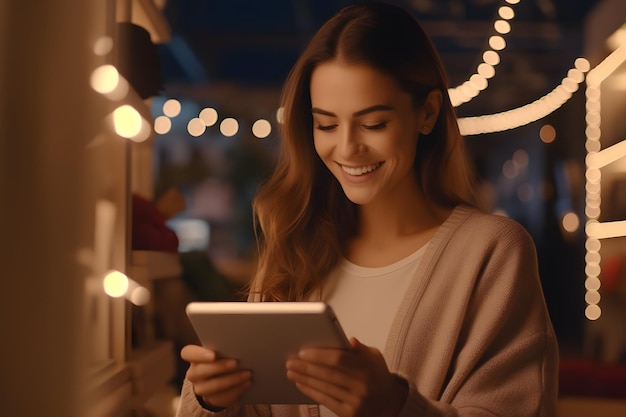 Uma mulher sorrindo enquanto usa um tablet