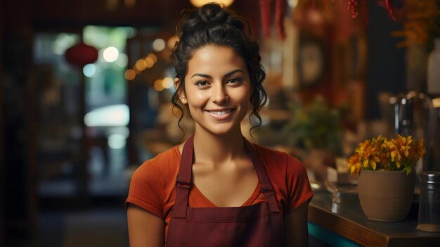 uma mulher sorrindo na frente de um bar com um sorriso no rosto