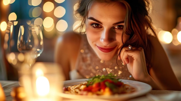 Foto uma mulher sorrindo para a câmera enquanto segura um prato de comida ai