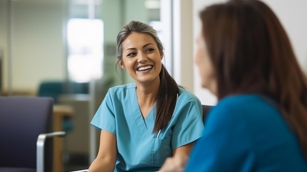 Foto uma mulher sorrindo para um médico com um sorriso