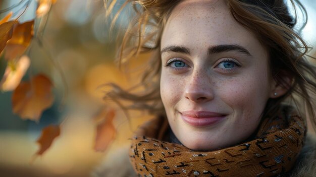 Uma mulher sorrindo suavemente contra um fundo desfocado de folhas de outono