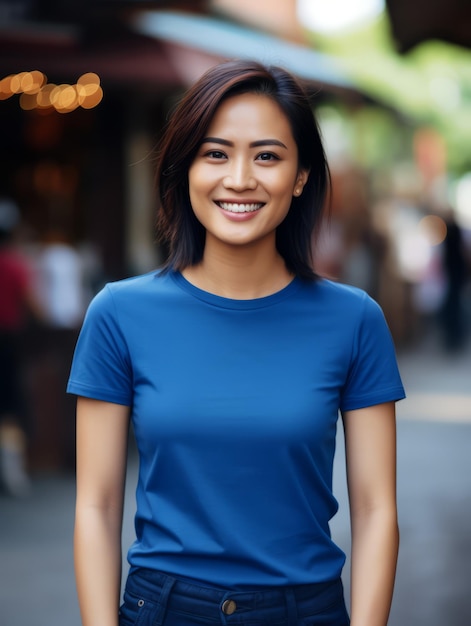 uma mulher sorrindo vestindo uma camisa azul de alta qualidade para um mock up design