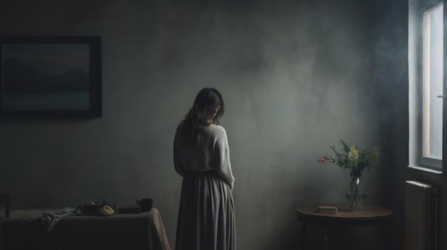 Uma mulher sozinha em um quarto cinza escuro Conceito de espera de solidão AI