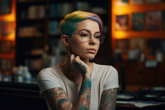 Uma mulher tatuada com corte de cabelo curto em um escritório Generative AI AIG21