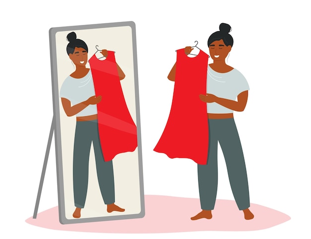 Uma mulher tenta um vestido vermelho na frente de um espelho de comprimento completo gráficos planos vetoriais