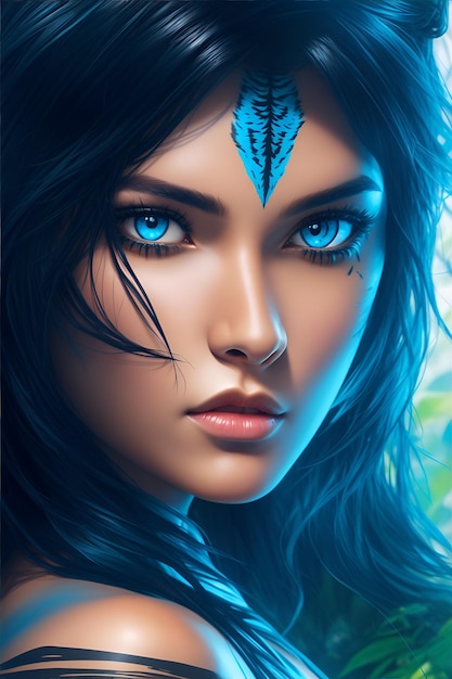 Foto uma mulher tigre, olhos azuis, corpo perfeito, na selva, cabelo preto.