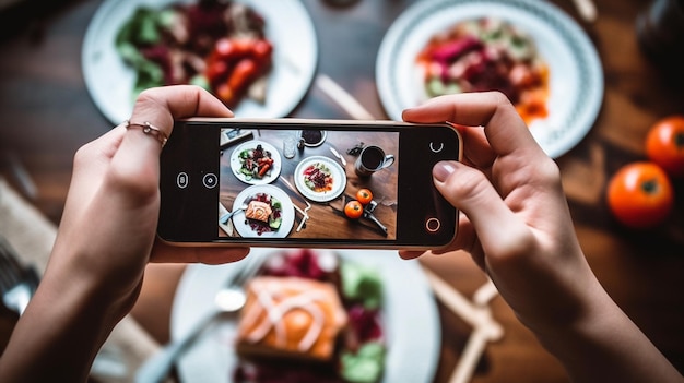 Uma mulher tira uma foto de comida com um telefone e a câmera mostrando o aplicativo que diz 'ok to eat'