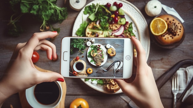 Uma mulher tira uma foto de sua comida em um tablet com um prato de comida na mesa.