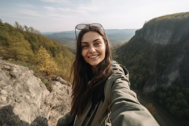 Uma mulher tira uma selfie em uma montanha