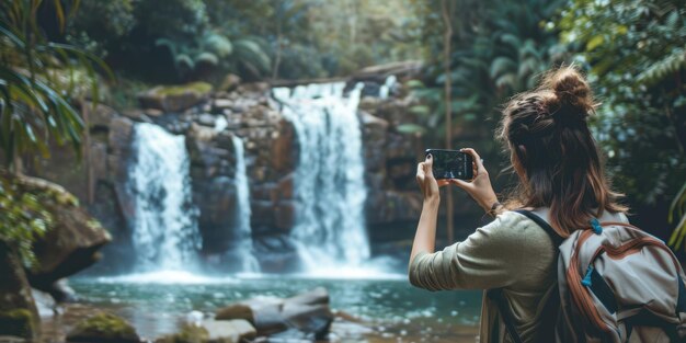 Uma mulher tirando uma foto de uma cachoeira impressionante com seu smartphone