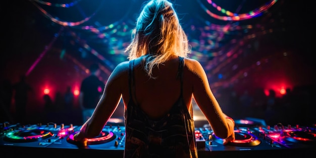 Uma mulher toca música em um clube com equipamento de DJ.