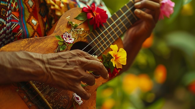 Foto uma mulher tocando guitarra com flores e uma flor no pulso