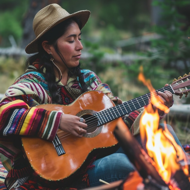 uma mulher tocando guitarra junto a uma fogueira com um fogo ao fundo