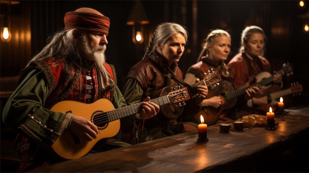 uma mulher tocando uma guitarra acústica em um cenário medieval