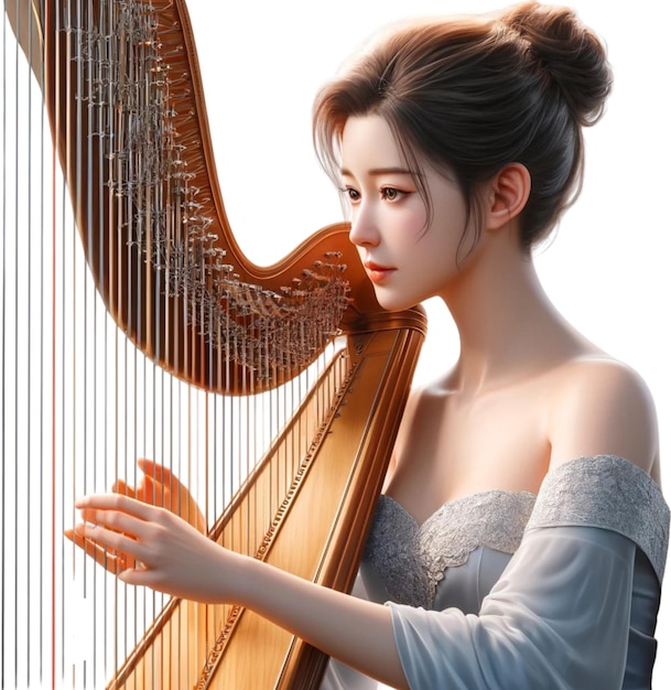 Uma mulher tocando uma harpa com uma harpa no fundo