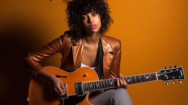 Uma mulher tocando violão em frente a uma parede amarela.