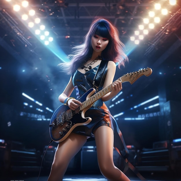 Uma mulher tocando violão em um videogame chamado banda de rock