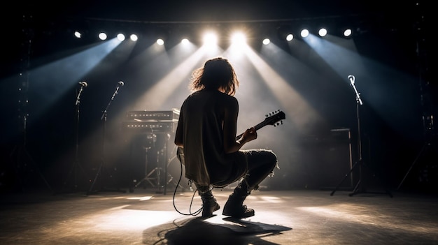 Uma mulher tocando violão no palco com um palco iluminado ao fundo