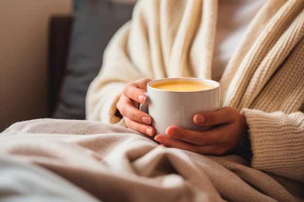 uma mulher tomando uma xícara de café na cama AI generative