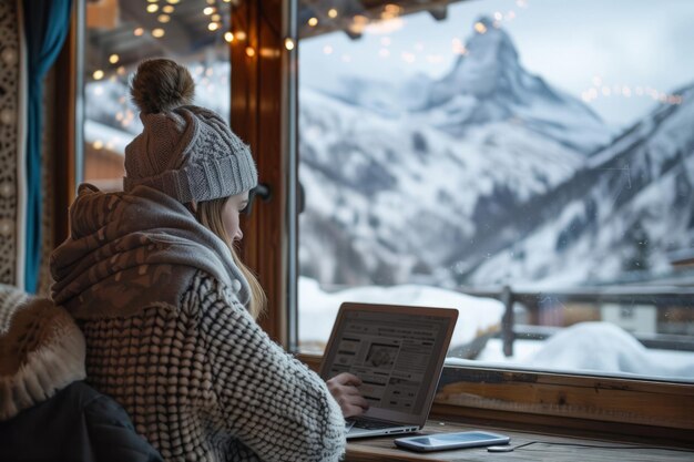 Uma mulher trabalha em um laptop de um café de inverno nas montanhas AI generativa