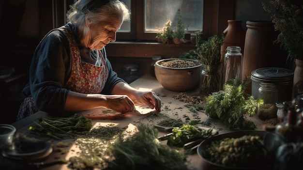Uma mulher trabalha em uma mesa em uma cozinha com uma mesa cheia de ervas e uma janela atrás delaDia da Terra