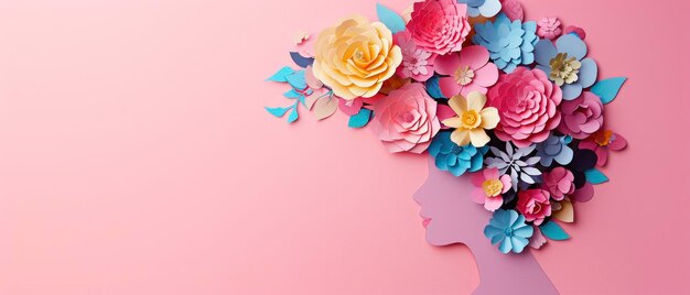 Uma mulher trabalhada com flores de papel em estilo papercut em um fundo rosa, simbolizando força e beleza em comemoração ao Dia Internacional da Mulher