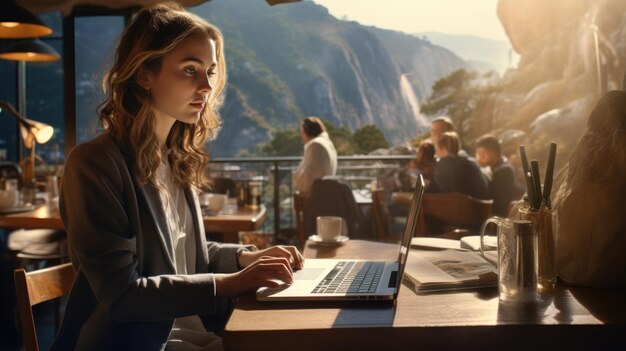 Uma mulher trabalhando com laptop em uma mesa de madeira com fundo de montanha natural Trabalhador autônomo