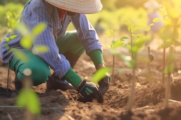 Uma mulher trabalhando em um campo com uma luva verde na mão.